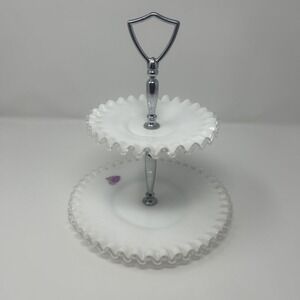 Vintage Fenton Art Milk Glass Silver Crest 2 Tier Tidbit Serving Tray